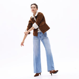 ONESO Women Mid-Waist Front Pocket Design Wide-Leg Jeans High Stretch Comfortable Denim Pants