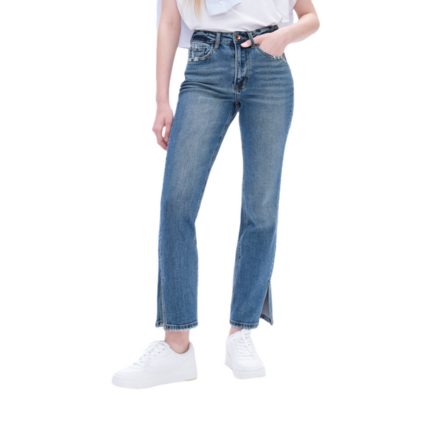 Women High Rise Stretch Straight Leg Distressed  Grinding Jeans With Side Slits BYT5162