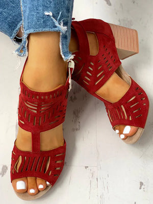 Hollow Out Chunky Heel Sandals