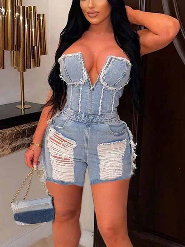 Ripped Strapless Denim Romper