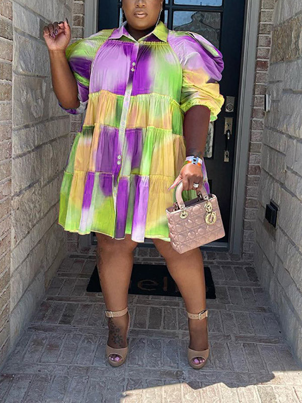 Tie Dye Ruffled Shirt Dress