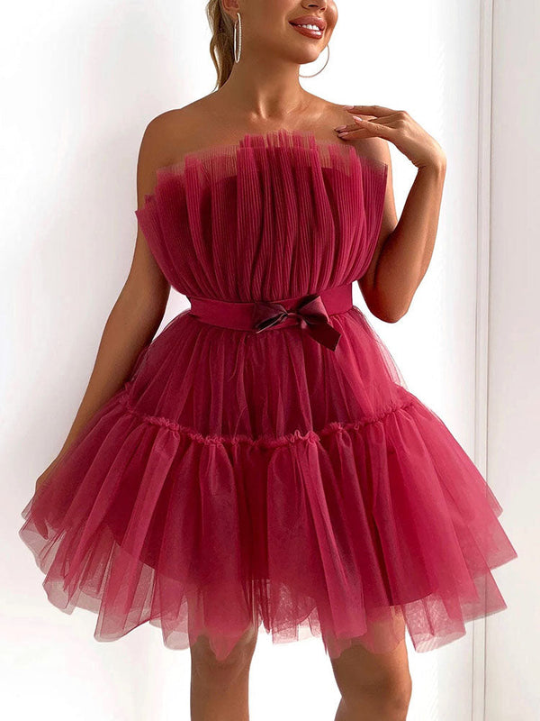 Bow Decor Layered Tulle Cocktail Dress