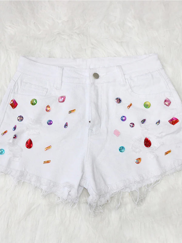 Rhinestone Distressed Denim Shorts