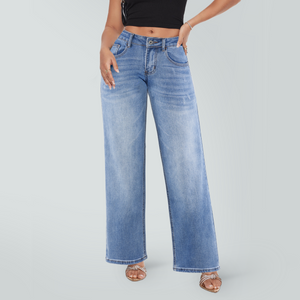 SHAPUM Women's Mid Rise Relaxed Fit Wide Leg Stretch Cuffed Jeans
