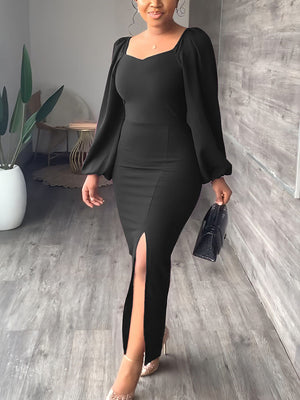 Lantern Sleeve Slit Dress