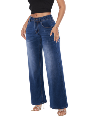 SHAPUM Shaping Wide Leg Baggy Jeans for Women Stretchy Mid Low Waist Butts Lifting Cute Jeans Trendy BBL Distressed Jeans