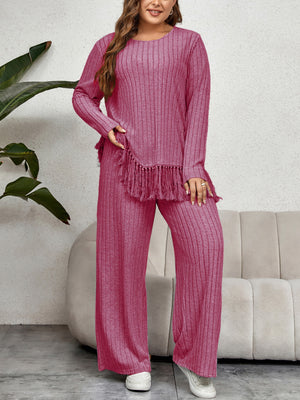 Fringed Long Sleeve Top Loose Wide Leg Pants Set