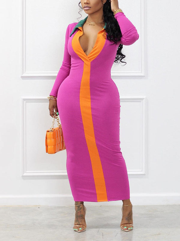 Color Block V Neck Dress