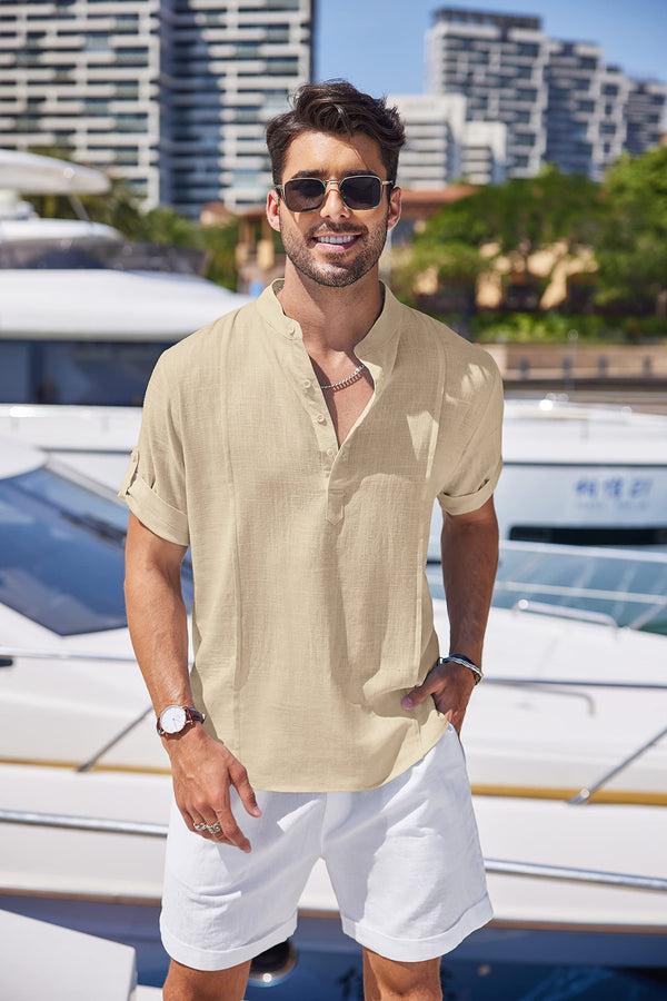 Men's Linen Cotton Henley Shirt Casual Beach Hippie Shirts Short Sleeve T Shirts