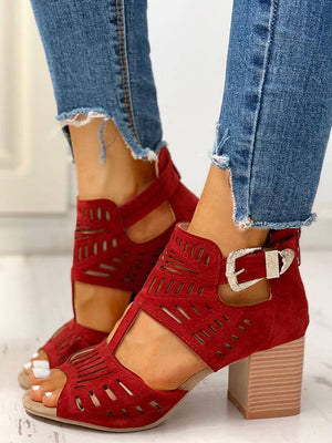 Hollow Out Chunky Heel Sandals