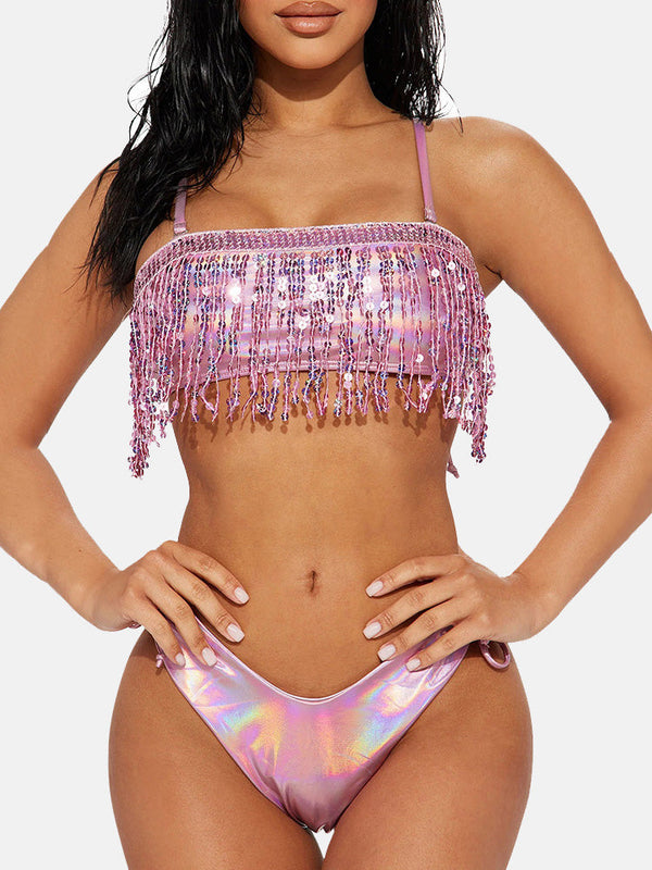 Sequins Metallic Tassels Bikini Set