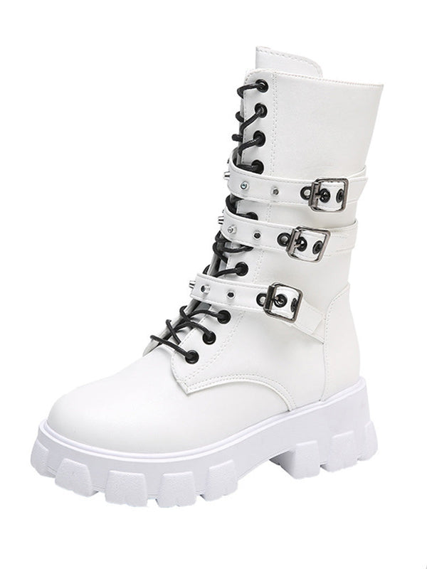 Eyelet Buckled Zipper Platform Boots