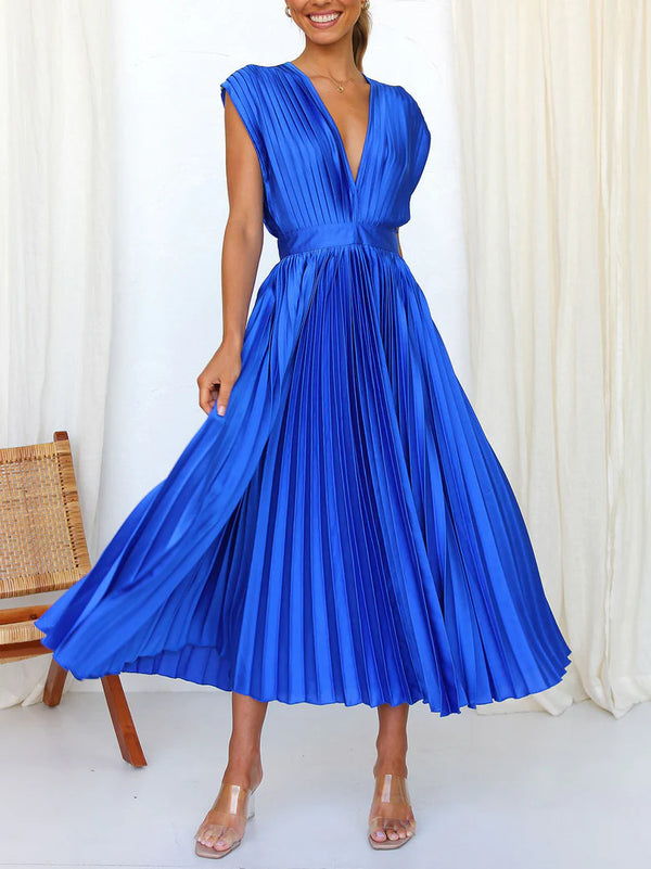 Sleeveless V Neck Pleated Maxi Dress