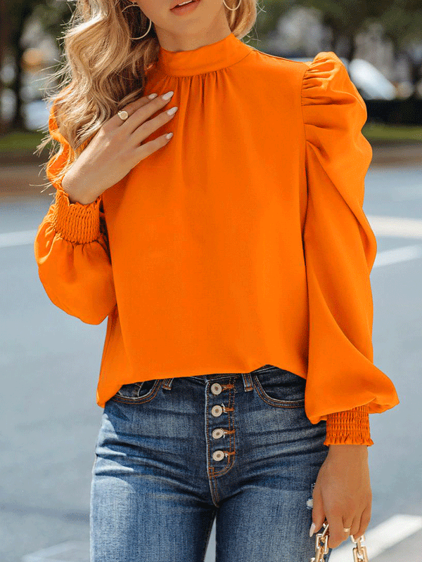 Solid Puff Sleeve Blouse Top