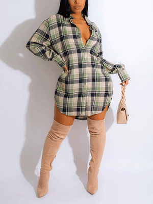 Long Sleeve Plaid Buckle Shirt Dress