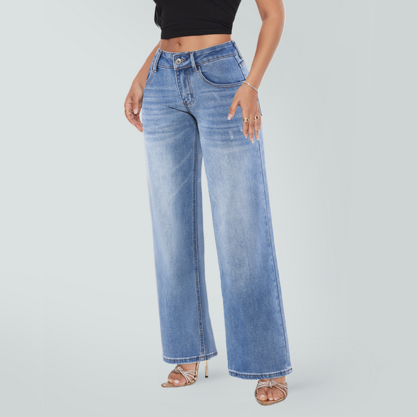 SHAPUM Women's Mid Rise Relaxed Fit Wide Leg Stretch Cuffed Jeans