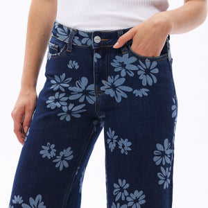 ONESO Women BBL Jeans Mid-Low Rise Wide Leg Stretch Baggy Printing Denim with Tummy Control Minimalist Basic Trouser