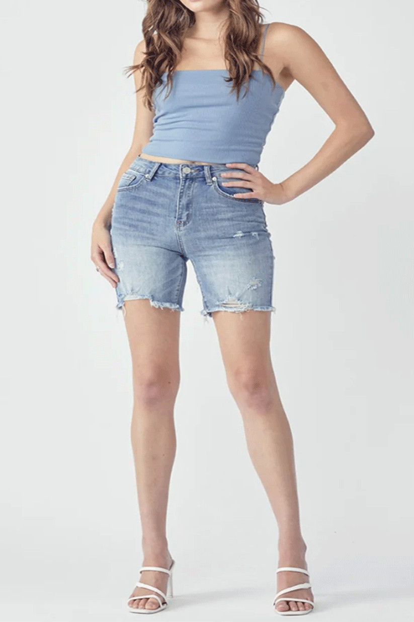 High Rise Distressed Denim Shorts