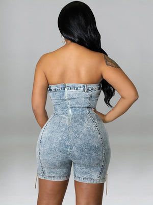 Strapless Denim Lace-up Romper