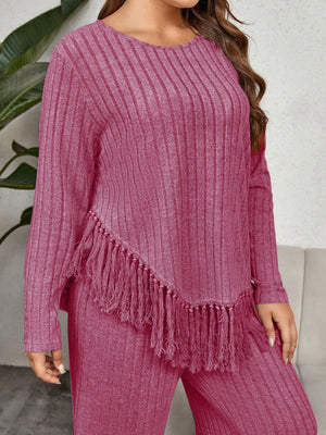 Fringed Long Sleeve Top Loose Wide Leg Pants Set