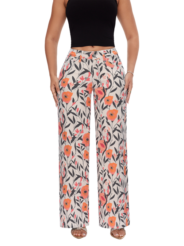 ONESO Women BBL Jeans Floral Print Mid-Low Rise Relaxed Straight Leg High Stretchy Pants