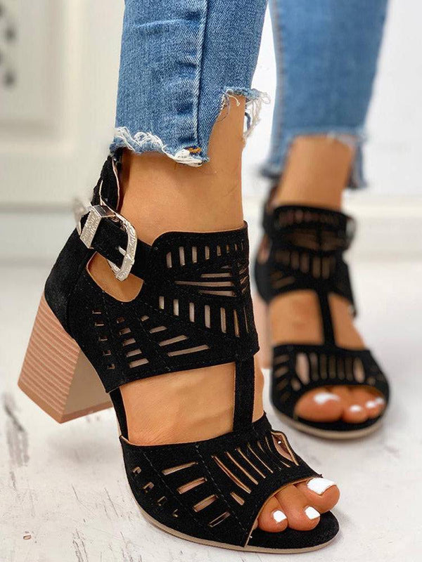 Hollow Out Chunky Heel Sandals