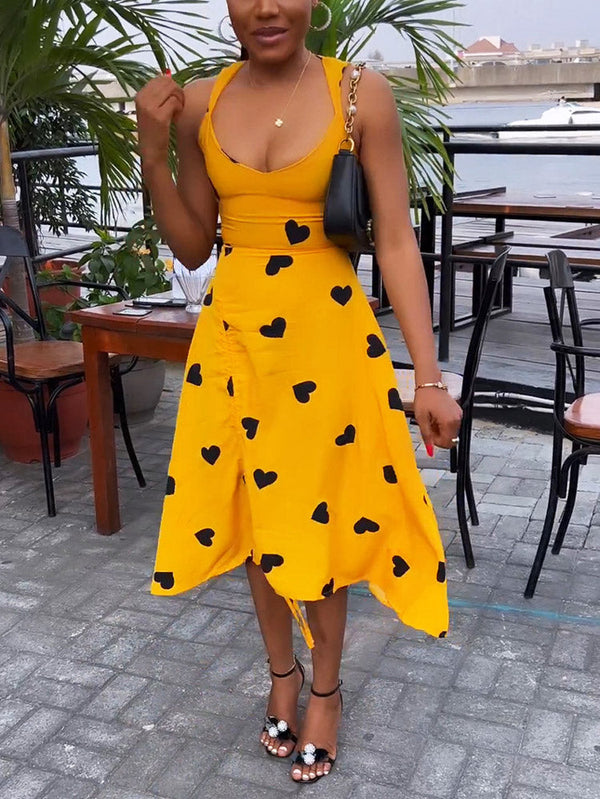 Heart Printed Drawstring Ruched Midi Dress