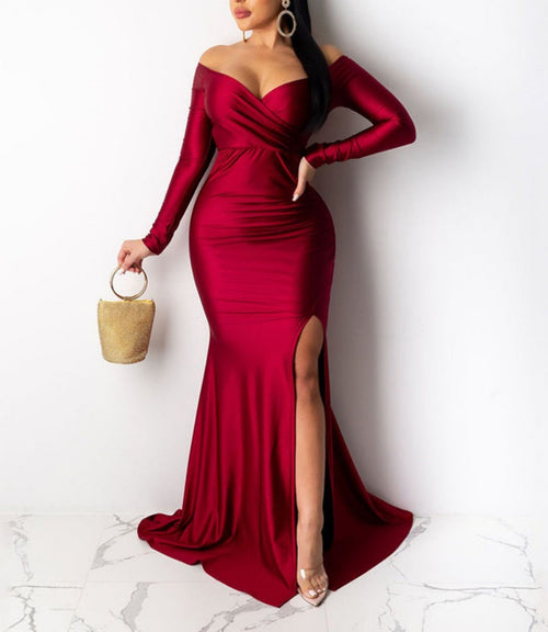 Long Sleeve Off Shoulder Split Maxi Dresses