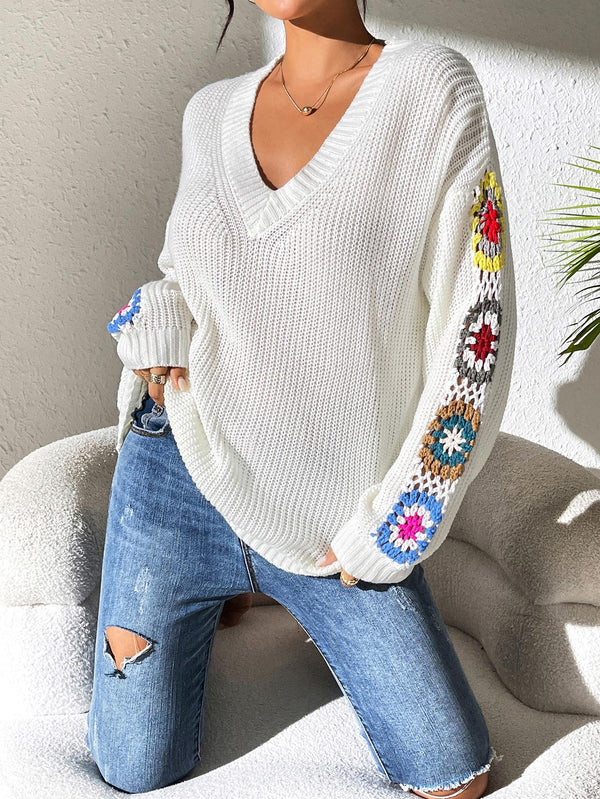 Patchwork V-neck Pullover Sweater