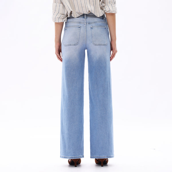 ONESO Women Mid-Waist Front Pocket Design Wide-Leg Jeans High Stretch Comfortable Denim Pants