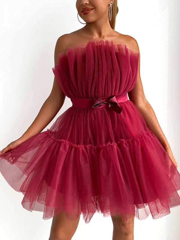 Bow Decor Layered Tulle Cocktail Dress