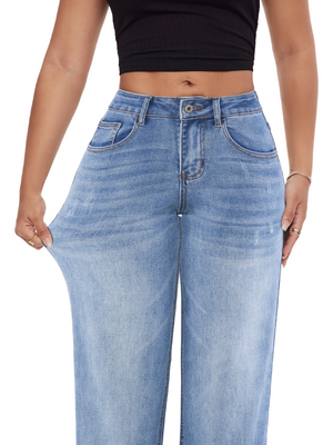SHAPUM Women's Mid Rise Relaxed Fit Wide Leg Stretch Cuffed Jeans