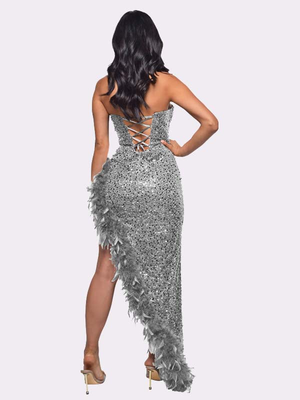 Sequin Feather Trimmed Dress