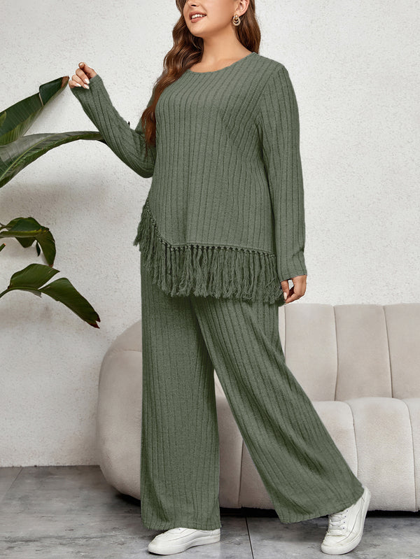 Fringed Long Sleeve Top Loose Wide Leg Pants Set