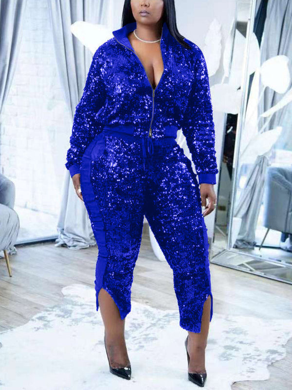 Sequin Zipper Jacket Slit Pants Set