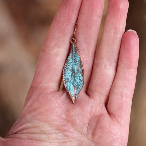 Retro Blue Aged Leaf Pendant Earrings