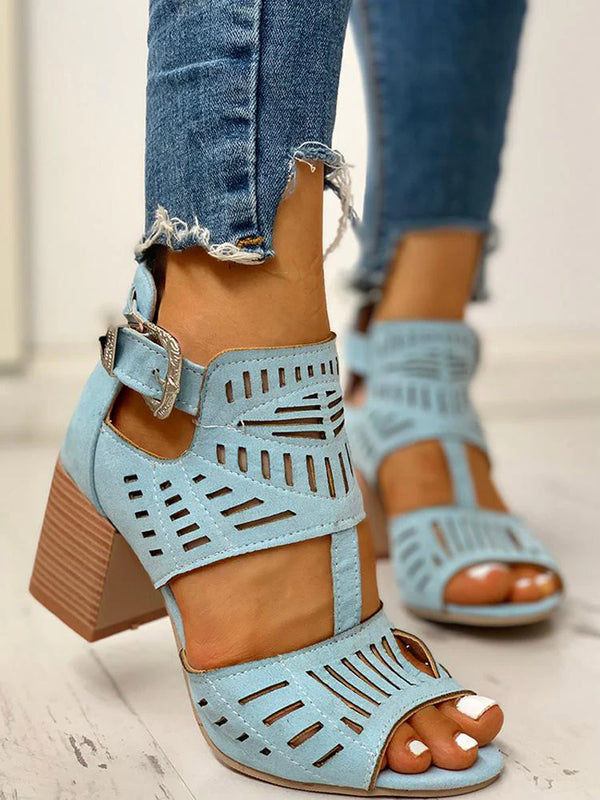 Hollow Out Chunky Heel Sandals