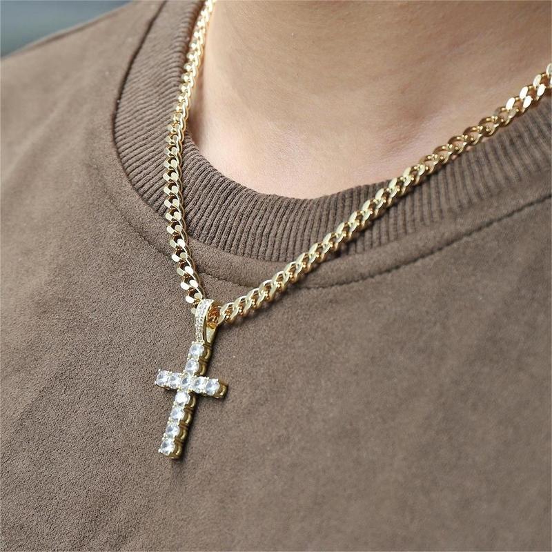 Golden And Silvery Cross Copper Pendant Necklace, Inlaid Cubic Zirconia, Perfect Holiday Gift