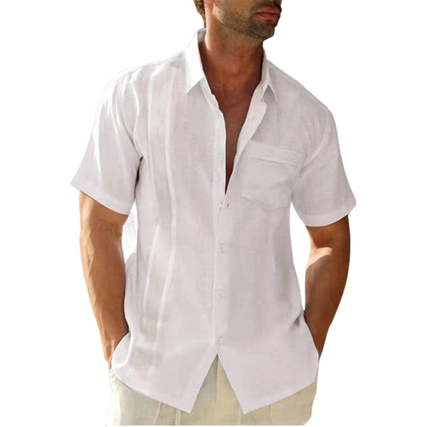 Men's summer lapel solid color cotton and linen cardigan casual short-sleeved shirt