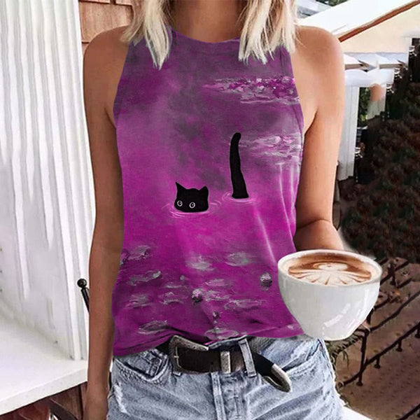 Women's Oil Painting Cat Print Art Tank Top