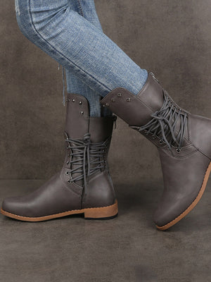 Lace-up PU Studded Boots