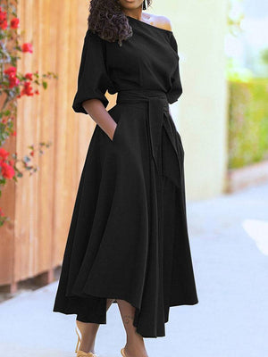 Oblique Neckline Half Sleeve Maxi Dress