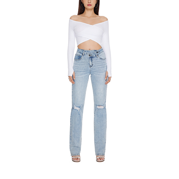 Women High Rise Stretch Bootcut Ripped Wide Leg Jeans SH25F15