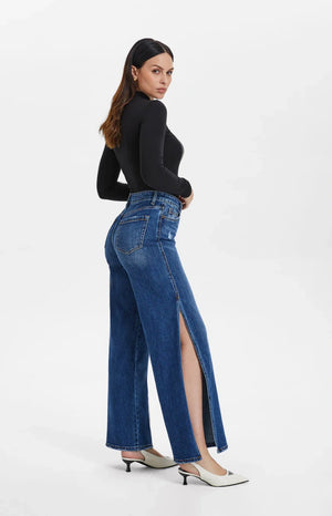 High Rise Stretch Wide Leg Side Slit Grinding Jeans