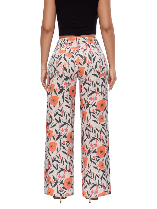 ONESO Women BBL Jeans Floral Print Mid-Low Rise Relaxed Straight Leg High Stretchy Pants