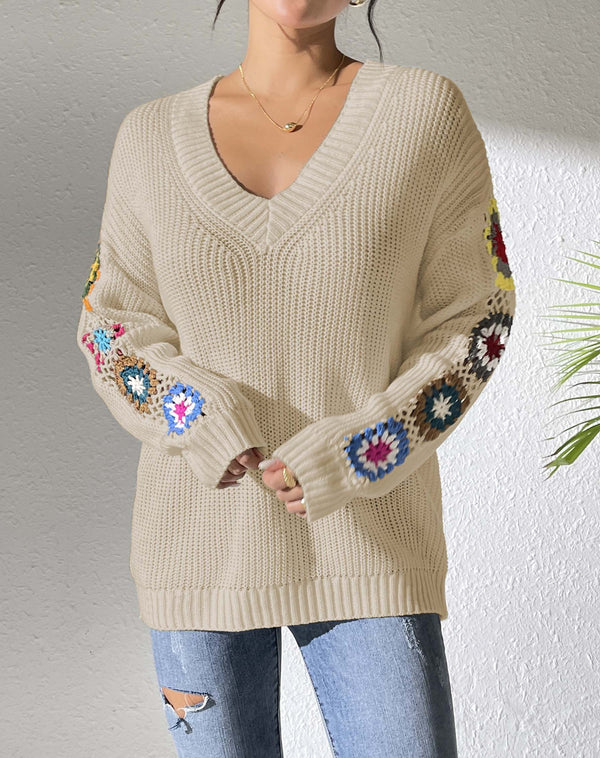 Patchwork V-neck Pullover Sweater