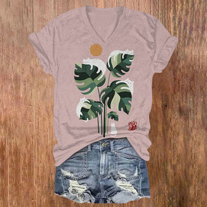 Abstract Creative Cute Cat And Plant Sun Painting Art V-neck T-shirt