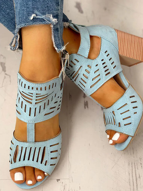 Hollow Out Chunky Heel Sandals