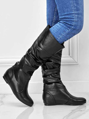 Solid Pleated Flat Heel Boots