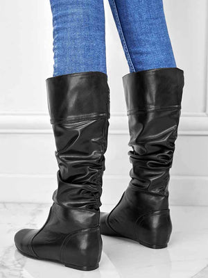 Solid Pleated Flat Heel Boots